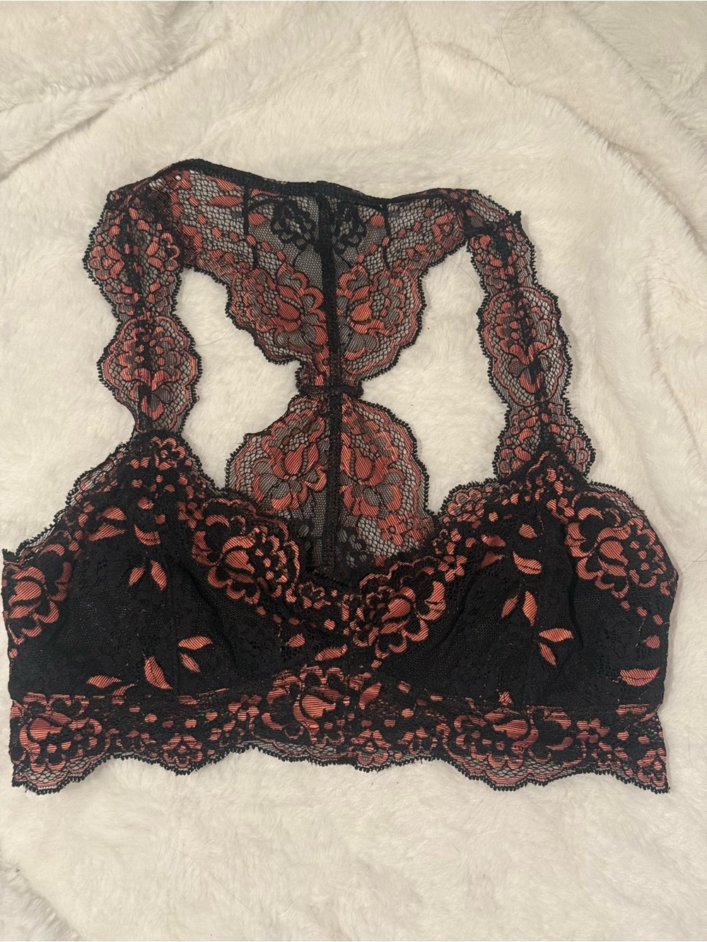 Black Lace Racerback Bralette with Coral accents